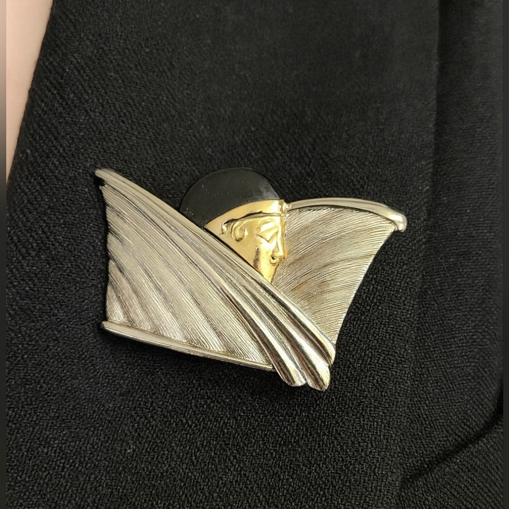 Vintage Art Deco Style Mixed Metalβ Face Brooch Silver Gold Tone Pin 80s